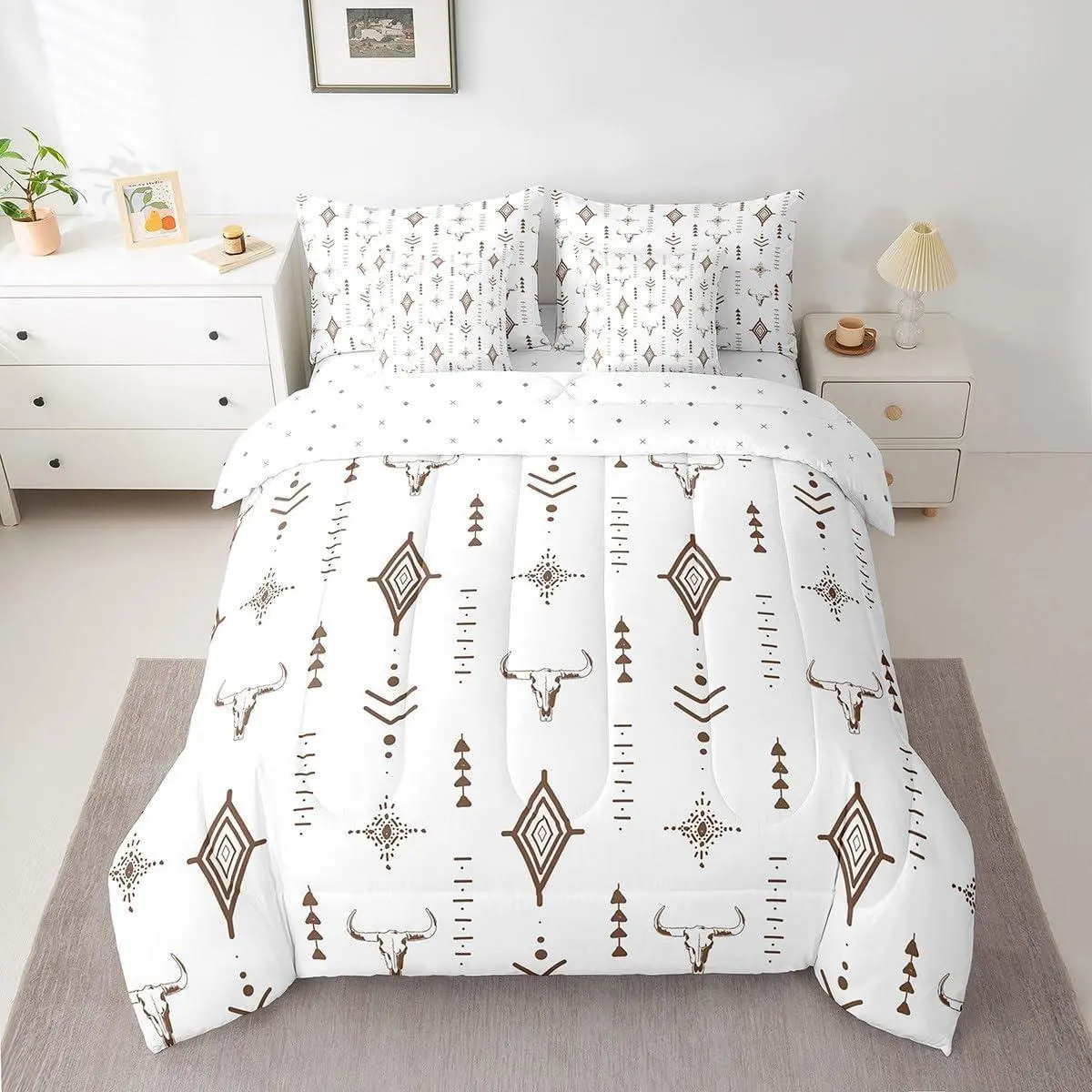Bull Skull Western Comforter Set with Sheets Boho Ethnic Horns 7 Piece Bedding Set for Kids Adult Brown White Tribal Symbol Mysterious Aztec Bed in a Bag