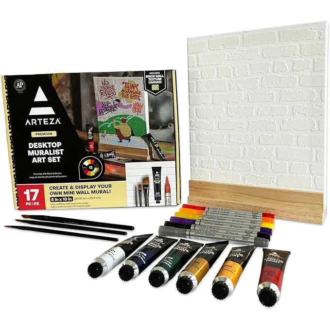Arteza® All-in-1 Desktop Muralist Art Kit - 17 pc ARTZ-5001, Acrylic Markers, Acrylic Paints, 8"x10" Vibrant Cotton DIY Painting Supplies with Built-in Stand for Street Art, for Artists of All Skill Levels, Brushes