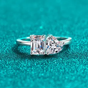 DLS Jewelry S925 Silver Emerald cut & heart shape setting Moissanite ring, D color Moissanite 2 ct.