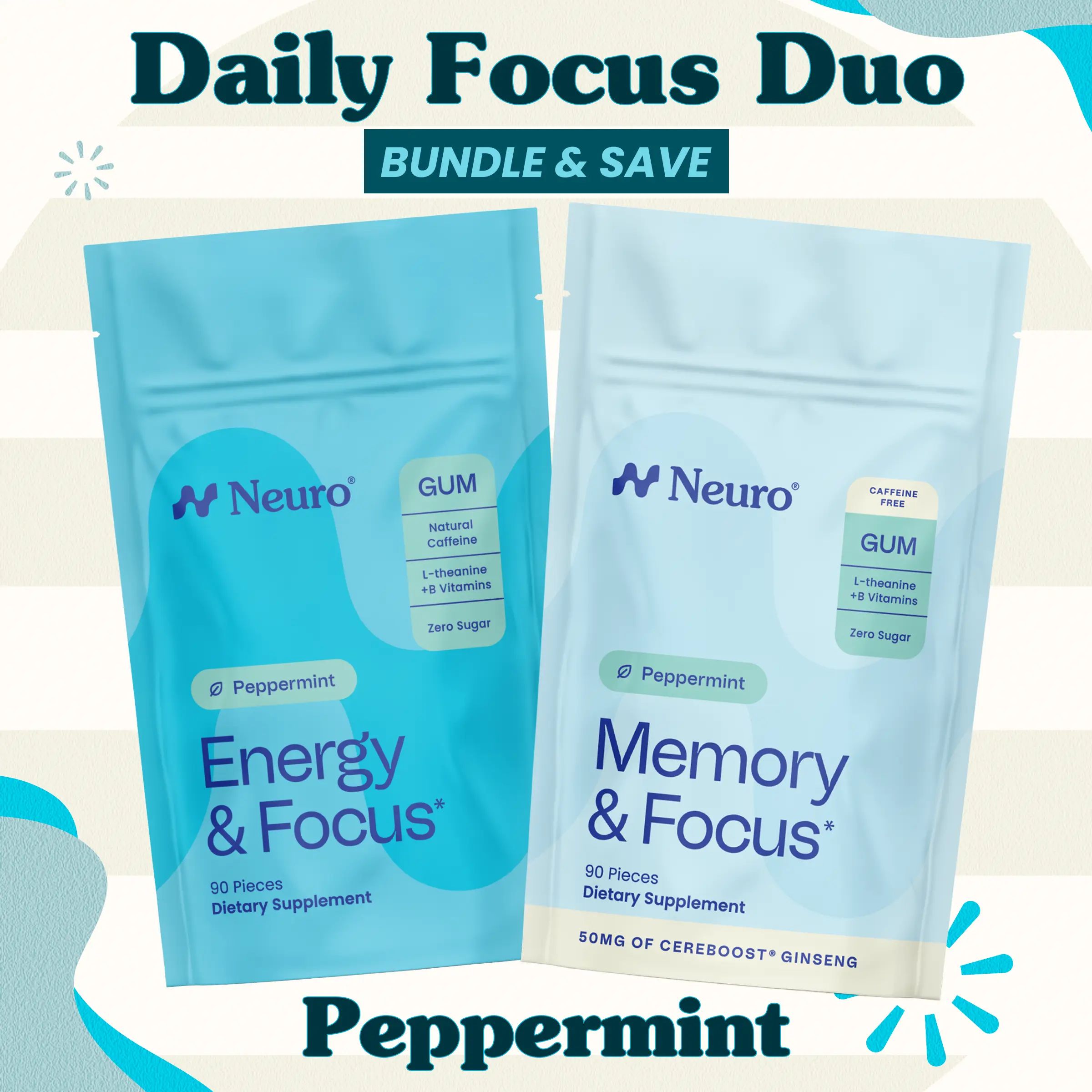 Daily Focus Duo - 0mg & 40mg Caffeine Gum - Peppermint (2-Bulk Pouches) Daily Focus Duo - 0mg & 40mg Caffeine Gum - Peppermint (2-Bulk Pouches)