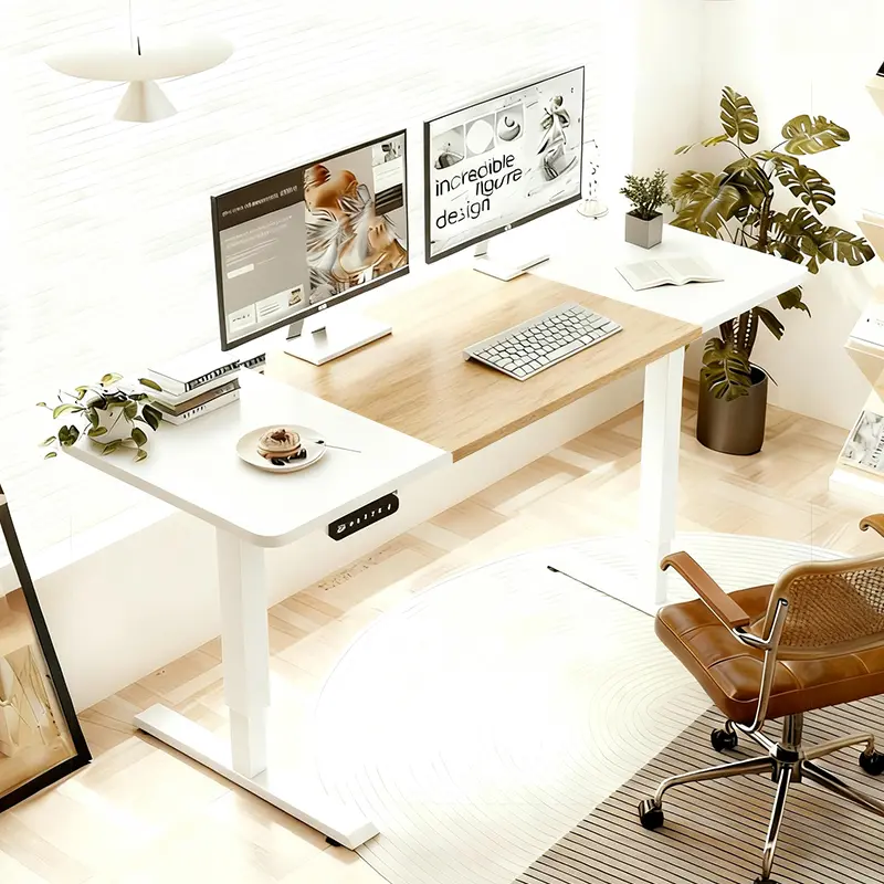 55 Inch White+Oak Desktop Ergonomic Electric Sit Stand Desk - Home Office Workstation, Gaming, Computer PC Use, 27"-45" Height Adjustment, 4 Memory Presets, 20W Fast Charging, Gaming Desk