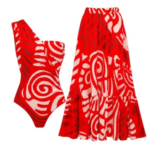 FLAXMAKER Women's One Shoulder Red Retro Print One Piece Swimsuit and Matching Cover Skirt Set Swimdress Stylish Beachwear Bathing Suit