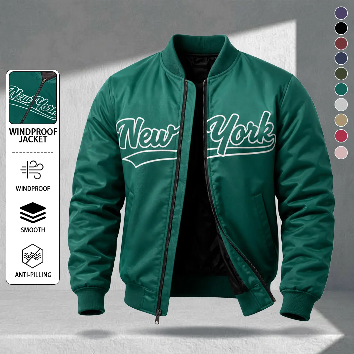 2026 new men’s baseball-collar aviator jacket, American retro New York letter print casual outerwear for spring/autumn, zippered windproof top, available in multiple colors, youthful street style, versatile commuter menswear