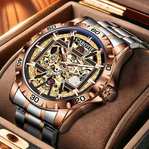 CAROTIF New Men's Watch with Engraved Night Light Sports Fashion Trend Disc to Disc Steel Strap Fully Automatic Mechanical Watch Elegant Round Dial Luminous Durable