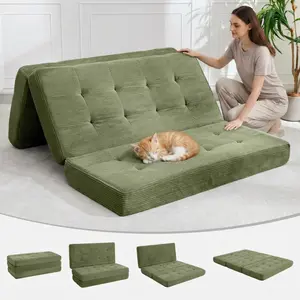 Convertible Corduroy Sofa Bed, 6 Inch Tufted Folding Mattress, Full Size Sleeper Couch, Supportive Guest Bed – Perfect for Bedroom, RV or Camping, Choose Black or Grey, Sofas Living Room, Apartment Stuff