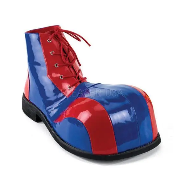 Men's Patchwork Costume Clown Shoes in Red and Blue with a Bump Toe, 1-Size Menswear Footwear for Parties, Shoe, One Size