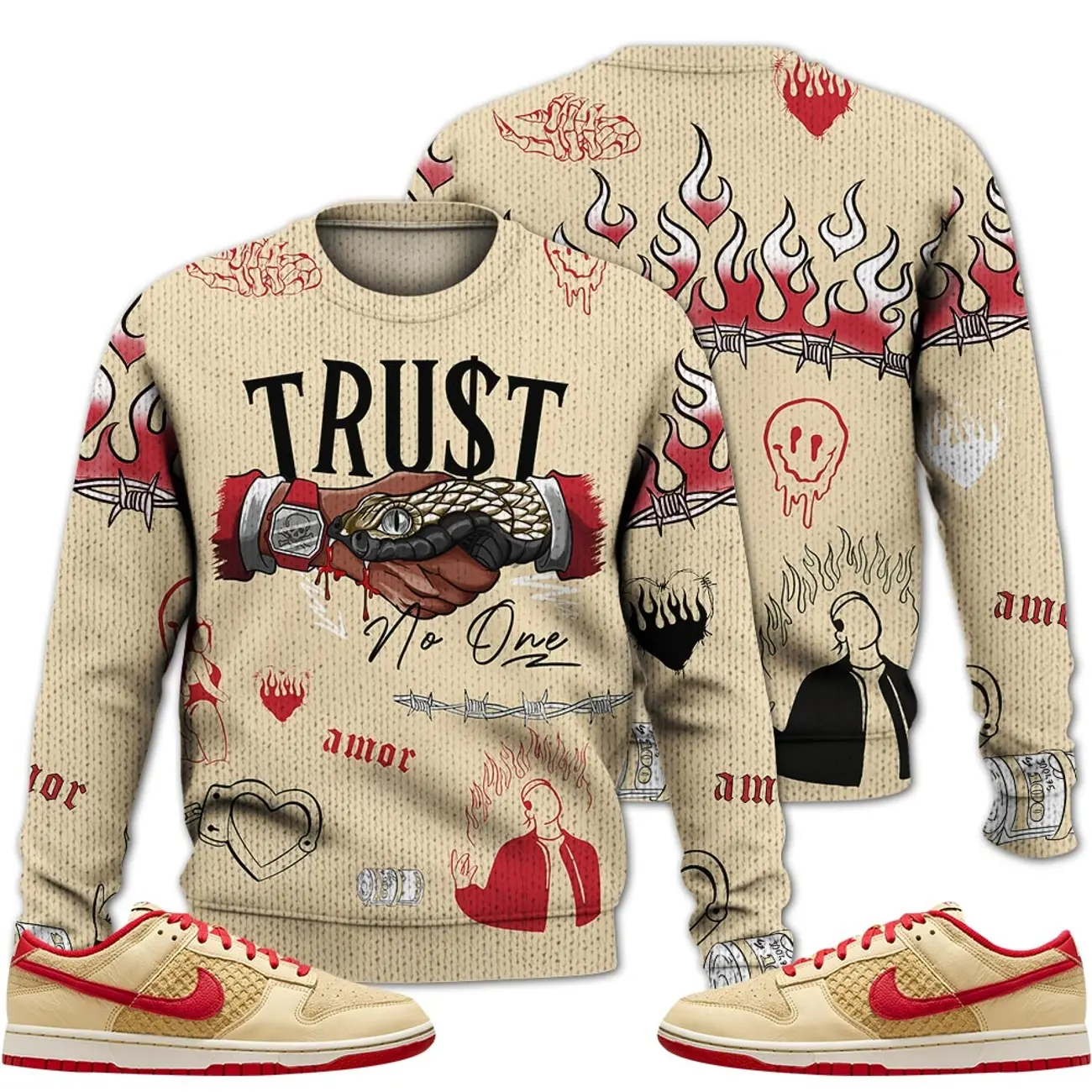 Dunk Low Strawberry Waffle Sweater Slim-Fitting Crew Neck Long Sleeve Acrylic Wool Blend Graphic Print Streetwear Casual Autumn Fabric Knitwear Menswear Tops