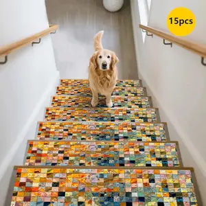 15pc Multicolor Patchwork Stair Mats Non-Slip Durable Home Use Stair Carpet Anti-Slip Pads Stair Step Mats Decorative Stair Rugs