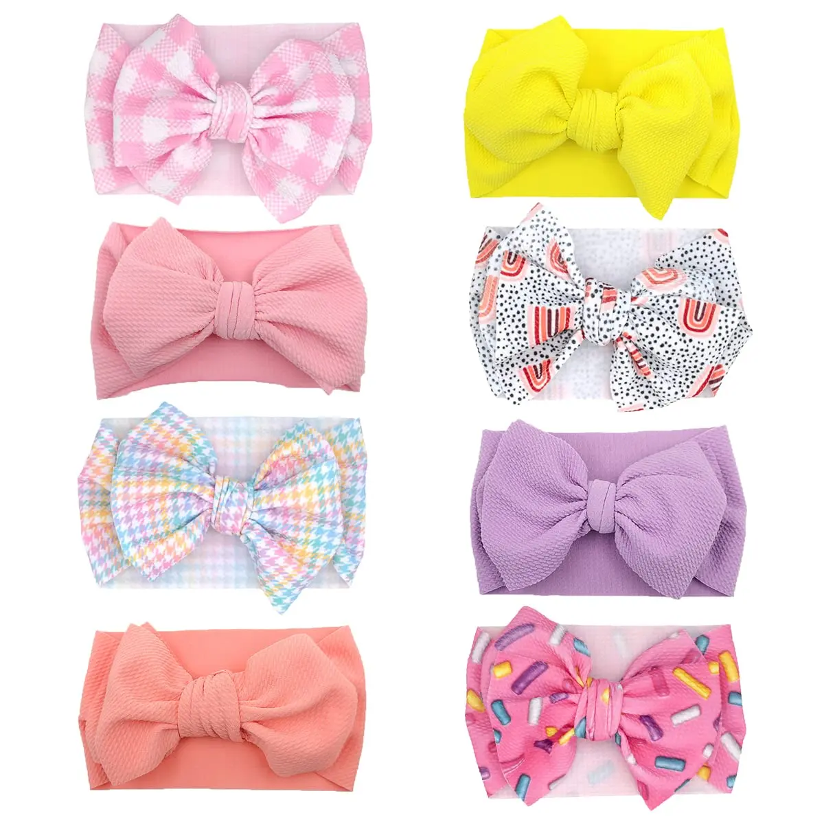 8 Pack Knotted Bow Headbands for Baby Girls | Soft Stretchy Turban in Plain & Assorted Prints, Fits Newborn to Toddler for Baby Shows, 7 Inch, 4 - 5 Years, 60% Polyster 40% Cotton, Dacron And Spandex, Family Photo Props, One Size, Cute