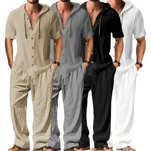 Men's 2-Piece Linen Washed Athletic Set - Stylish Plain Hooded Drawstring Sweatshirt, Loose Breathable Thin Fabric Wide-Leg Pants, Black + White Shortsleeve Casual Vacation Summer Menswear