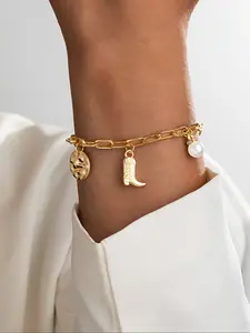 Women's Western Style Cowboy Hat Boots Bracelet, Faux Pearl Tassel Design, Vintage Jewelry Gift for Women, Daily Wear Accessory, Trendy Jewellery Accessories, Boho Style Bracelet, Fashion Bracelet