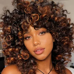 SummerVibes Short Curly Wig with Bangs for Women, Natural Black Afro Culy Wigs, Big Fluffy Bouncy Synthetic Wig for Daily and Party, 14 inch