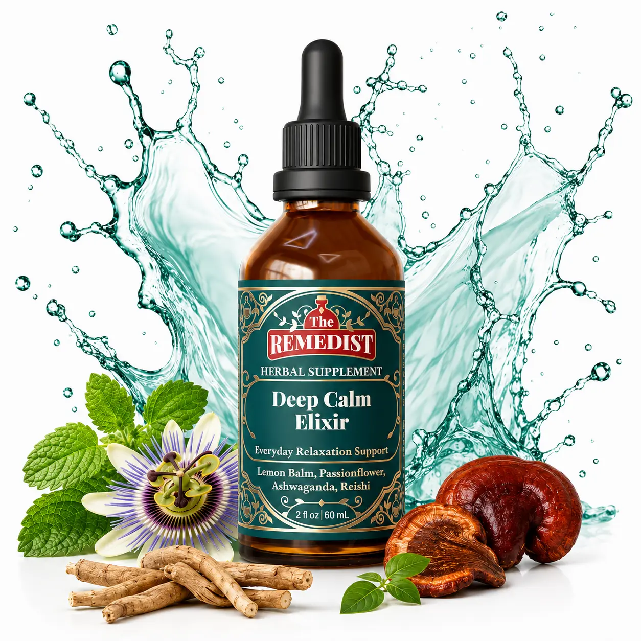 Deep Calm Elixir | Lemon Balm, Passionflower, Ashwagandha & Reishi | Non-GMO, 100% Natural Herbal Elixir, 2 Fl Oz
