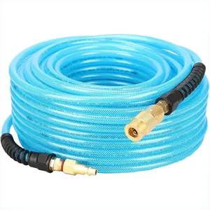 Reinforced Polyurethane Air Hose, 1/4 Inch ID By 100 Feet Long Air Compressor Hose with Repairable Swivel Solid Brass 1/4" Industrial Quick Coupler and Plug, 300 PSI Maximum Pressure, Blue