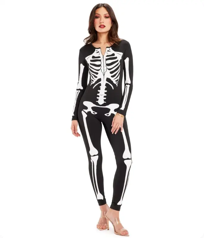 Skeleton Bodysuit Costume for Women – Black & White Bone Print Long Sleeve Jumpsuit, Spooky Halloween Costume Party Outfit