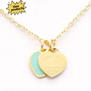New luxury enamel pink double heart necklace, 18k gold titanium steel, versatile new style