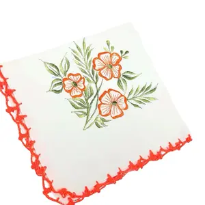 Handmade Floral Design Servilletas with Red Lace Edges