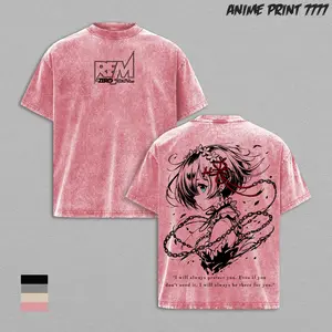 Rem Re Zero Washed Tee Vintage Oversized Anime Graphic T-Shirt Heavy Cotton Unisex Streetwear Oni Maid Power Gift for Anime Fans