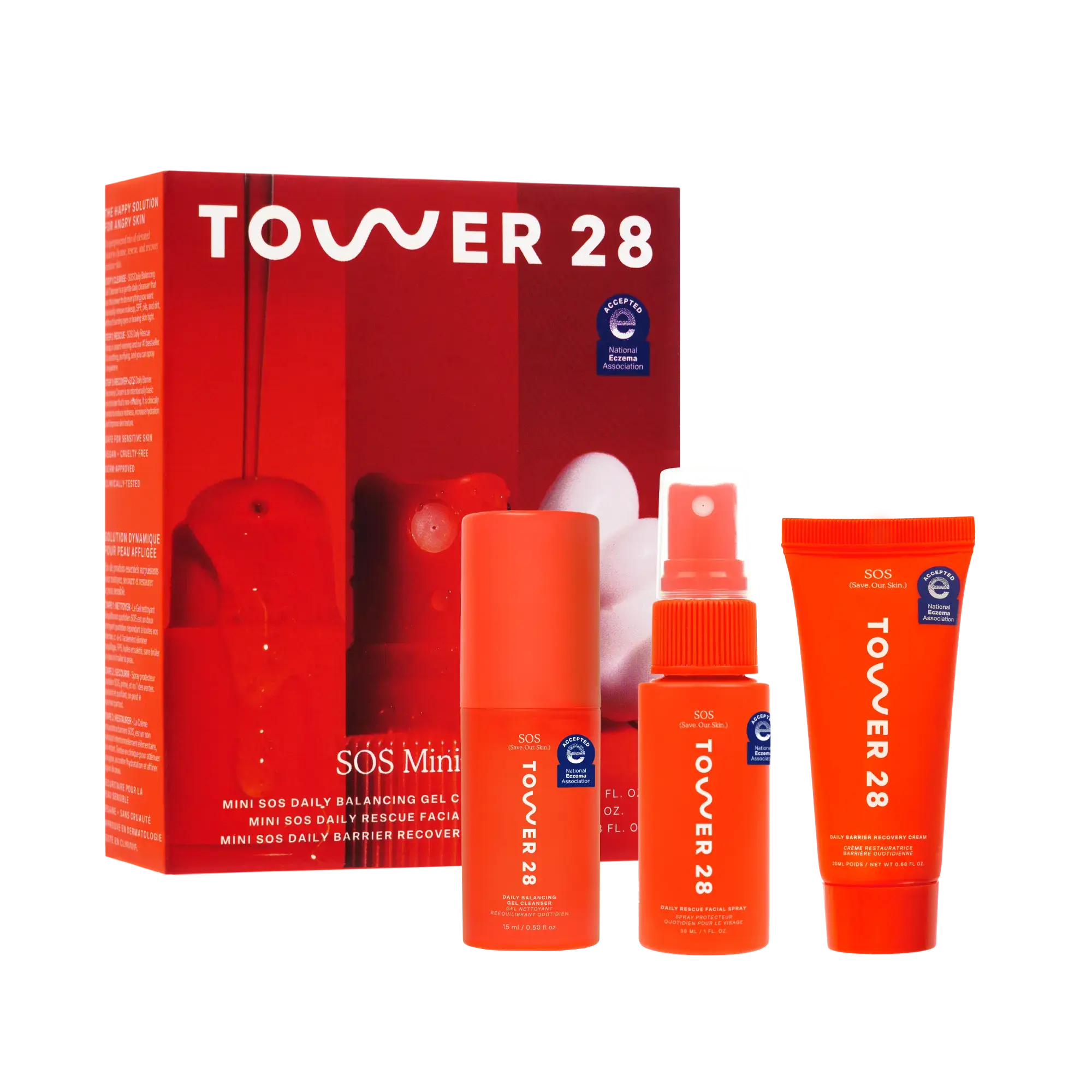 SOS 1-2-3 Skincare Travel Kit - Travel SOS Hypochlorous Acid Spray, Balancing Gel Cleanser, and Moisturizing Cream, Daily Barrier Recovery for Sensitive Skin Care