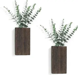 Dahey 2 Pack Wood Wall Planter Vase with Artificial Eucalyptus Farmhouse Wall Hanging Decor Pocket Planter for Indoor Fake Plants Greenery,