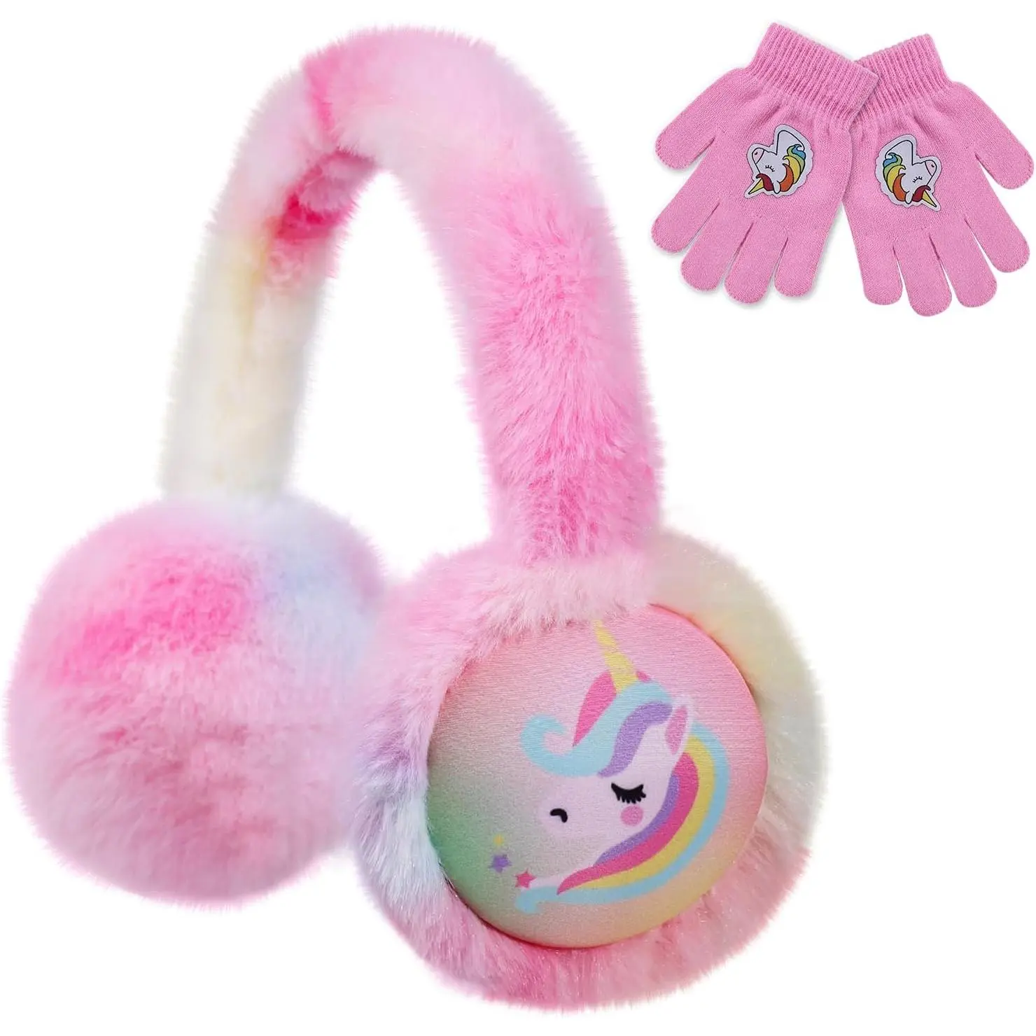 Girls' 4-16 Chic Knitted Unicorn Earmuffs & Gloves Set - Plain Rainbow Polyester Winter Accessories with Plush Lining, Adjustable 1-Size for Halloween, Birthday, School, Warm Gifts for Friends, Animal-Themed, Animals, Acrylic, Warmth, Unisex, Girl, Holida