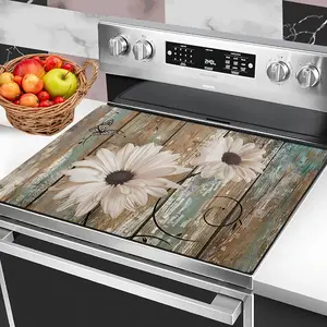 1pc Stove Cover Protector, Spring, Rustic Wood Background with White Daisies and Butterfly Pattern, Easy to Clean for Kitchen, Washing Machine, Dryer, Stovetop Panel Protector