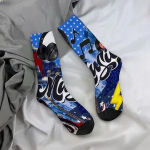 Headphone musical note themed mid-calf socks, casual, soft, comfortable, and a must-have for autumn and winter.