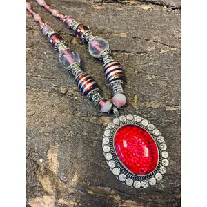 Red Old Stone Pendant Necklace, Handmade Necklaces Vinatge REtro