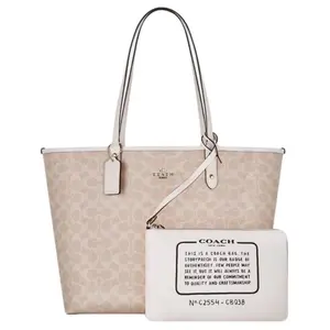 COACH City 33 Reversible PVC Tote Bag for Women – Classic Print, Khaki
