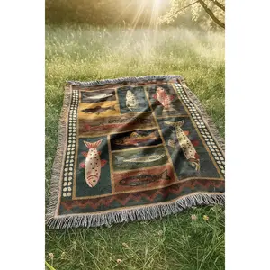 Mountain Fish Woven Blanket | Dark Western Folk Lodge Cabin Tapestry | Rustic Country Salmon Trout Throw Blanket