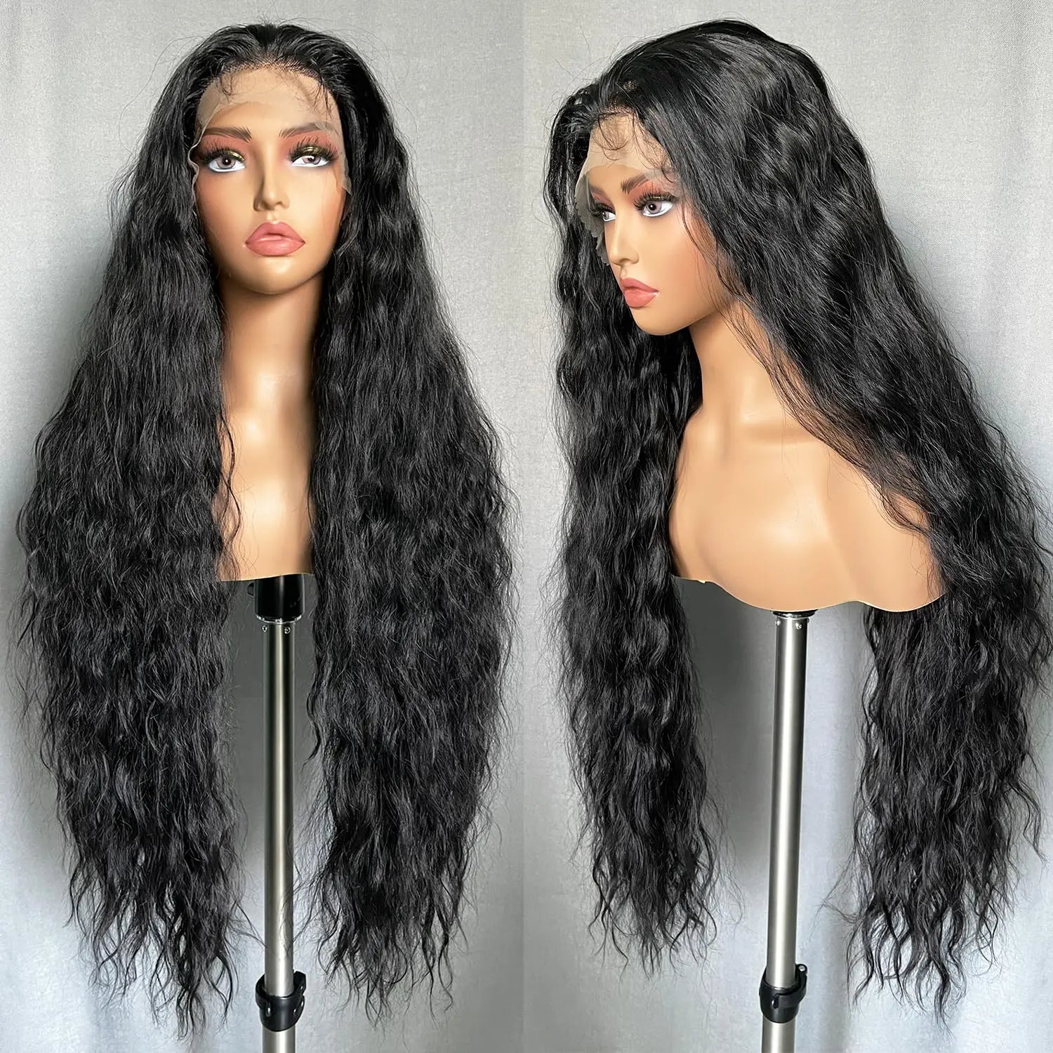 SOKU 13x6 Lace Frontal Water Wave Wigs with Baby Hair Natural Black and Brown 34 Inch / 36 Inch Long Synthetic Hair Pre-plucked Free Part Transparent Swiss Lace Front Wavy Wigs for Women summerwins Lace Closure Wig Fluffy Wave Wig