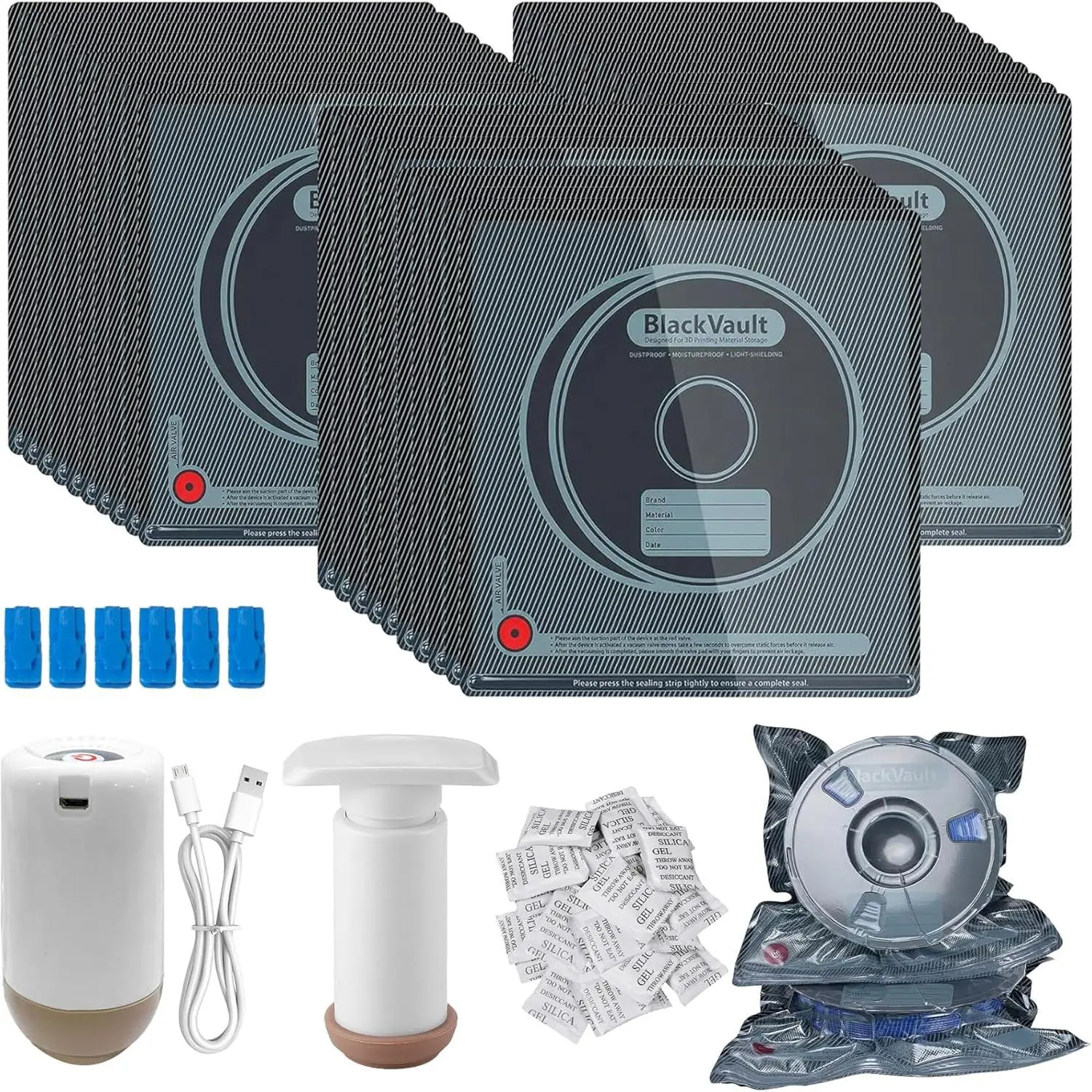 30pcs 3D Printer Filament Vacuum-Sealing Storage Bags Kit, 3D-Printed Storage Bags Organiser Accessories with 30 Desiccants, Auto Pump, 6 Sealing Clips, Dust-Proof, Humidity-Resistant (12.6*13.38 in), Organizer Storage Supplies, Reusable Vacuum Bags