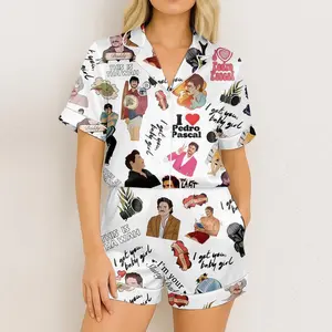 Pedro Pascal Meme Satin Short Pajamas, Funny Sleepwear with Quotes, Star Daddy, Womenswear Loungewear Homewear Shortsleeve Pjs Pyjamas