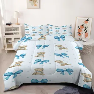 2/3Pcs Whimsical Bear and Bow Comforter Set, Adorable Light Blue Polka Dot Bedding Set, Soft Cozy Quilt for Baby and Kids Rooms, Perfect Bedroom Decor for Little Ones，1 or 2 Pillowcase No Pillow Core