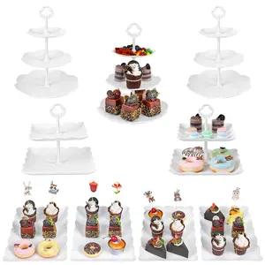 9Pcs White Plastic Cupcake Stand Set with 3Tier & 2Tiered Design for Wedding, Baby Shower, Tea Party & Kitchen Use