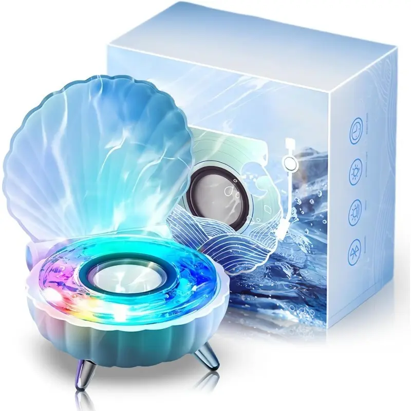 Shell Speaker, LED Seashell Small  Speaker, Mini Portable  Speakerwith 7 Ambient Lights, Mini Shower Speaker, Music Player for Home (Blue)