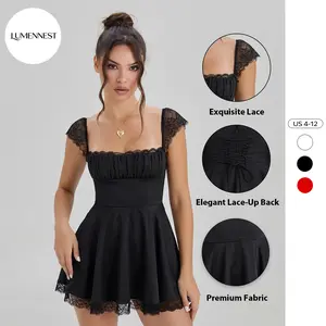 LUMENNEST Women's Breezy Lace Trim Invisible Zipper Back Tie Puffy Dress, Lovely Pleated Cinched Waist Going Out Dress, Summer A-Line Dress for Beach Holiday