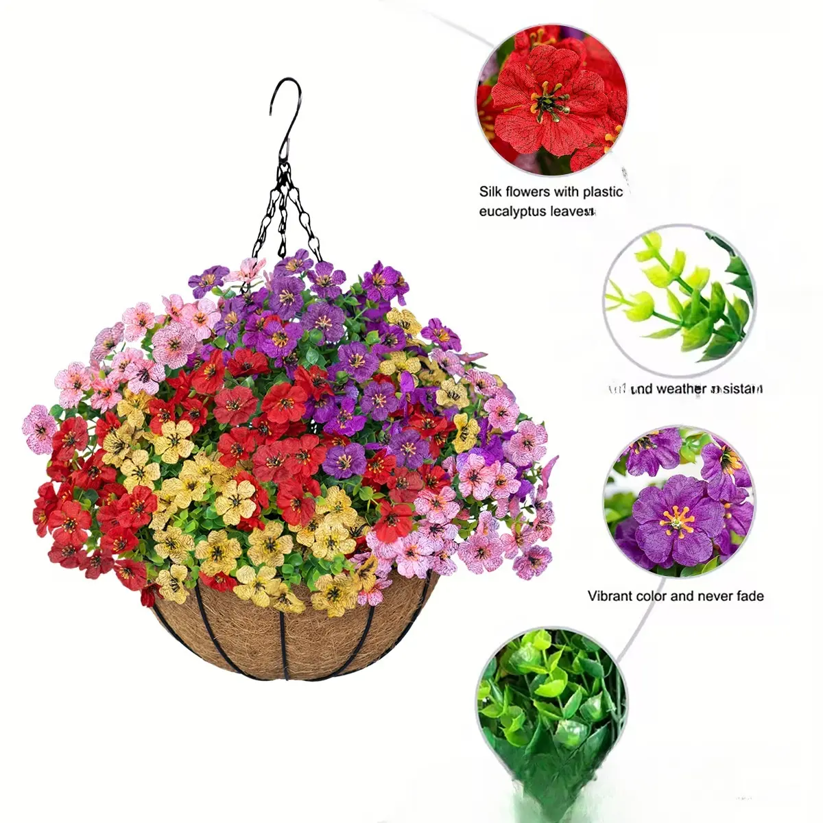 Violet artificial flower hanging basket, iron art hanging decoration, flower basket pendant for wall, door, and outdoor decoration, artificial plants and fake flowers