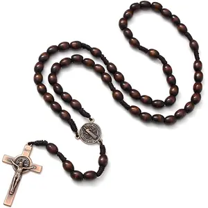 Wooden Beads Rosary Cross Pedant Necklace for Religious Gift Handmade Wood Jesus Rosaries