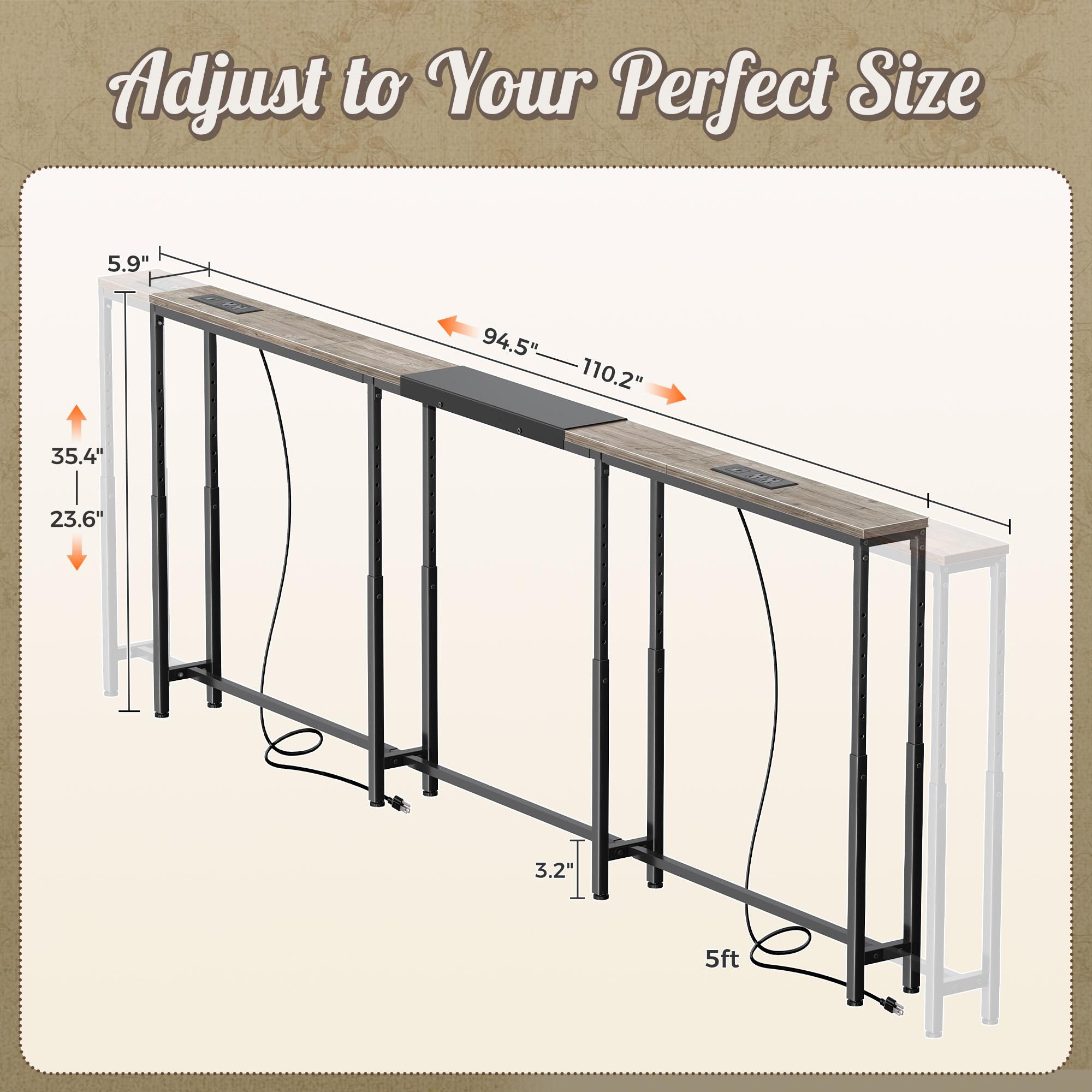 Huuger Narrow Console Table with Power Outlets & USB-C, 23.6"-35.4" Adjustable Height Sofa Table Behind Couch, Extendable Long Console Table, Wall-Protected Pads