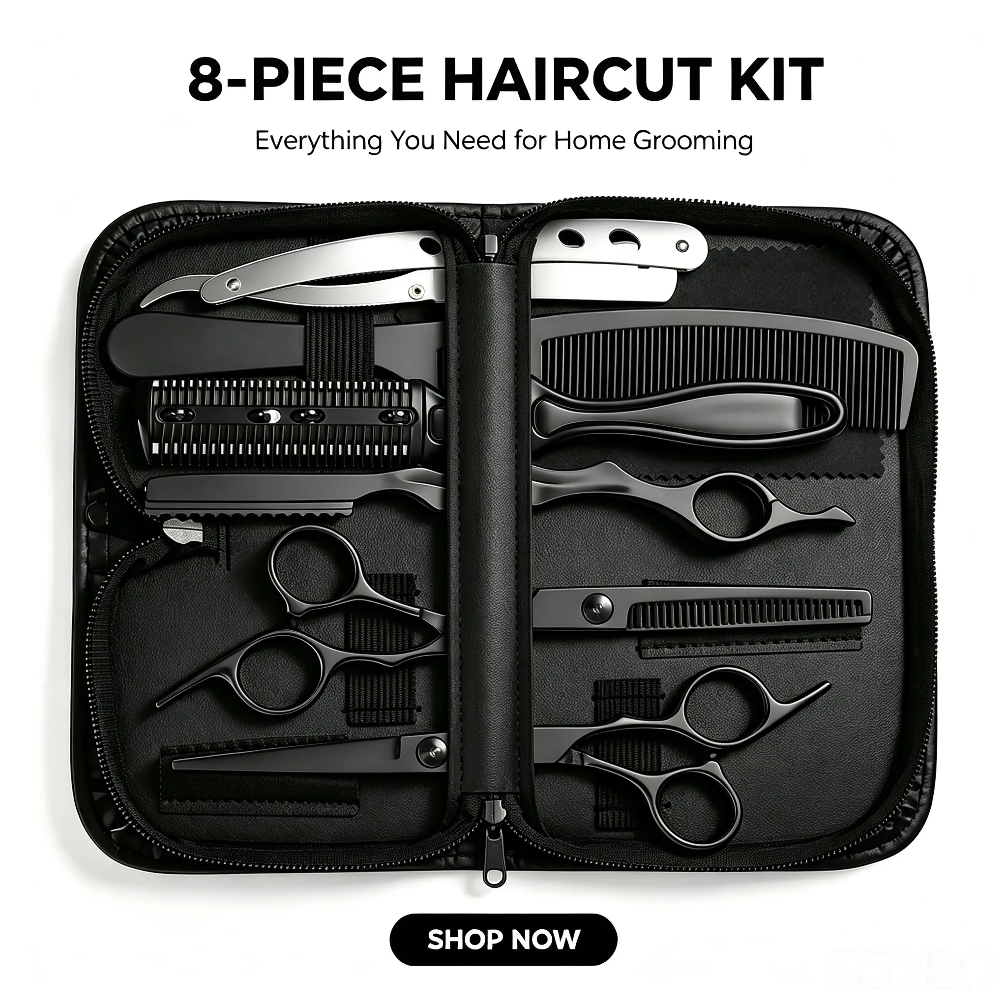 Barber Haircut Kit - 8-Piece Durable Stainless Steel Complete Haircutting Trim Kit for All Hair, Professional Haircare Tools: Cutting Scissors, Thinning Shears, Comb, Razor, Blades, Portable Storage Case for Salons, Home Use, Complete Haircutting Kit
