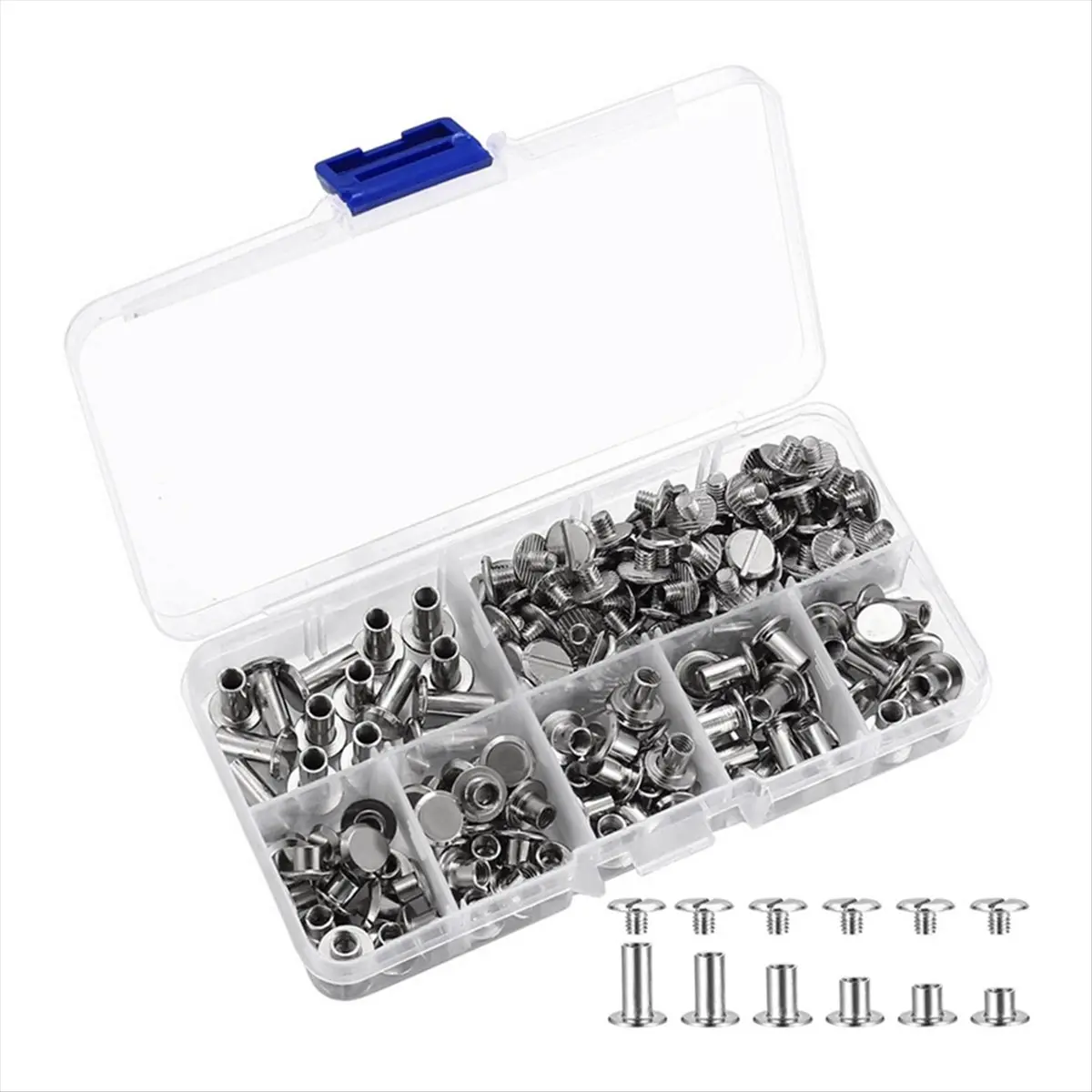 Carbon Steel Chicago Screws Pack (90-Set, 6 Sizes) - Burr-Free Metal Binding Rivets, Durable, Waterproof for DIY Repair, Leathercraft Belt (Silver)