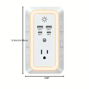 7-Port Power Protector, with 4 USB Ports (2 USB-C) - [11 in 1 Multifunctional USB Socket] Compact Three-Sided Power Strip, Multifunctional Plug Adapter, Suitable for Home, Travel, and Office Use
