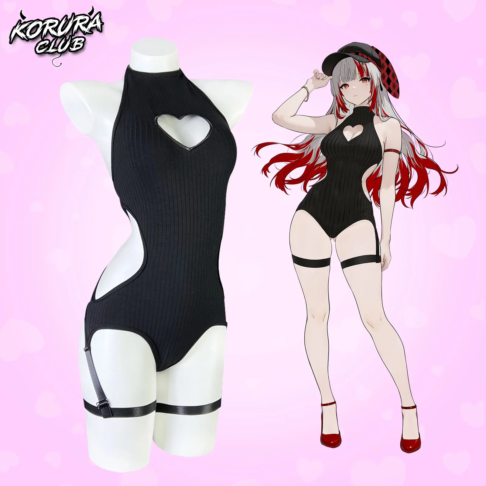 KORURACLUB Women's Black Backless Bodysuit - Heart Cutout, Elegant Fit Top, Sexy Lingerie Corset with Style Accessories