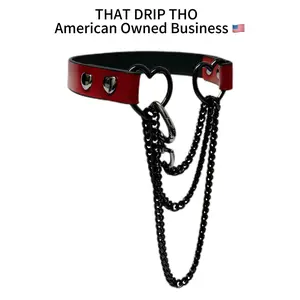 ThatDripTho Lucky Red Leather with Thick Chains, Movable Pulling Chain Daily Wear Leather Necklace Choker Punk, gothic-inspired accessories slipchaincollarwomen necklaces choking necklace male accessories gothic jewelry necklaces for women collar