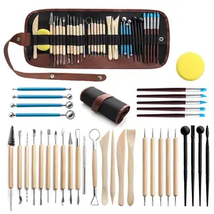 A set of 36 professional ceramic clay sculpture tools, including storage bags, wooden handles, sponges, shaping pens, steel balls and sticks, clay sculpture tools, and double headed precision clay carving tools, Pottery