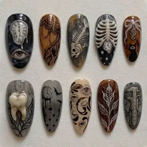 Handmade Dark Surrealism Press On Nails | 3D Skull, Clock & Abstract Face Art | Luxury Neutral Gothic Almond Set