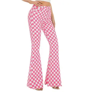 Valentine’s Day Gifts Checkered Women’s Flare Jeans Spring Womeswear Stretchy Denim High Waist Plaid Bell Bottom Pants Football Game Outfit Slim Fit Retro Streetwear Party Casual Trouser