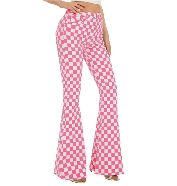 Valentine’s Day Gifts Checkered Women’s Flare Jeans Spring Womeswear Stretchy Denim High Waist Plaid Bell Bottom Pants Football Game Outfit Slim Fit Retro Streetwear Party Casual Trouser