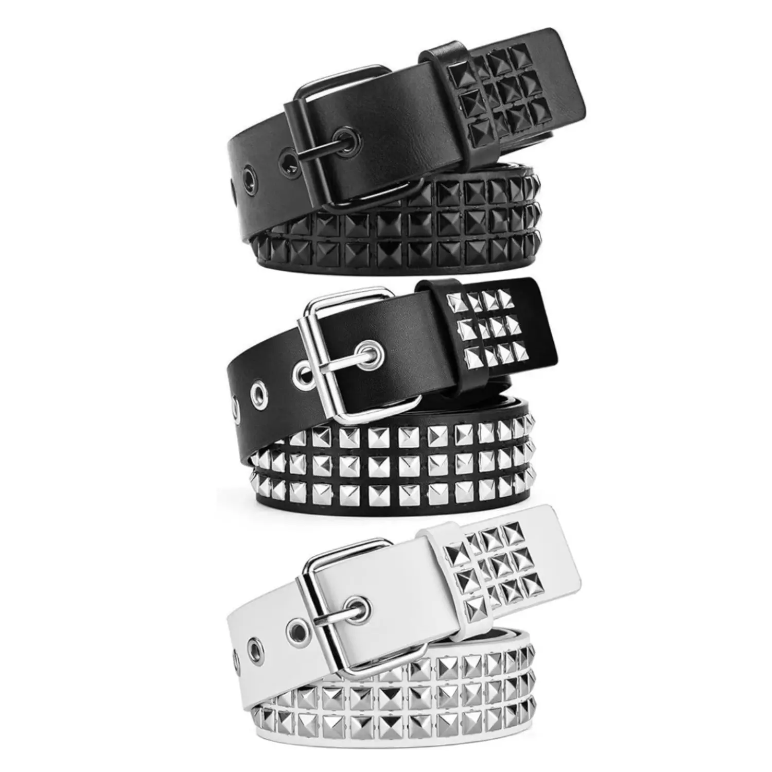 3Pcs White Black Studded Belt Y2K Belt Gothic Punk Rock Belts with Grommet Threads Bright Metal Pyramid Cool Belts for Women Men - Home Improvement.
